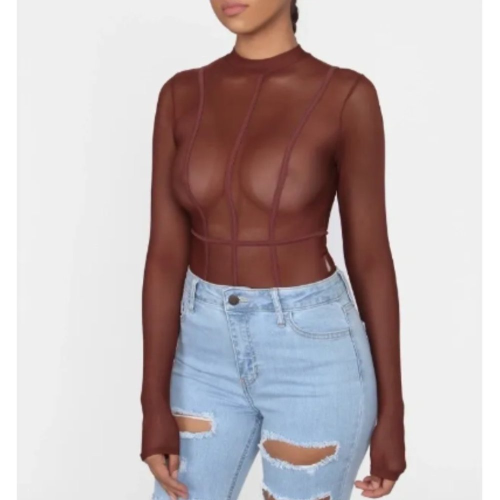 NEW Red Long Sleeves High Neck Sheer Brown Sugar Mesh Bodysuit NWT
